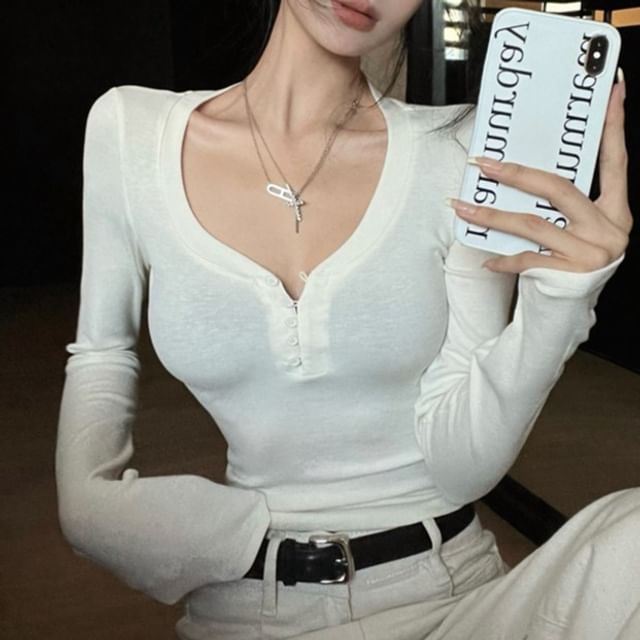 V-Neck Half Button Crop Top