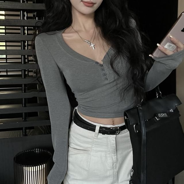 V-Neck Half Button Crop Top
