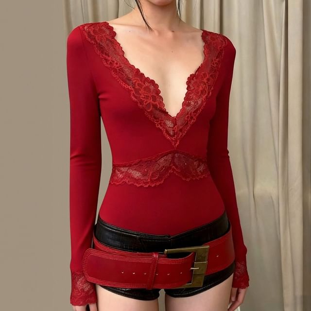 V-Neck Lace Panel Bodysuit Top - Long Sleeve
