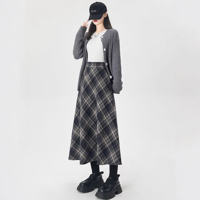 Plaid High Waist Midi A-Line Skirt