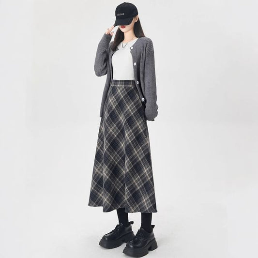 Plaid High Waist Midi A-Line Skirt