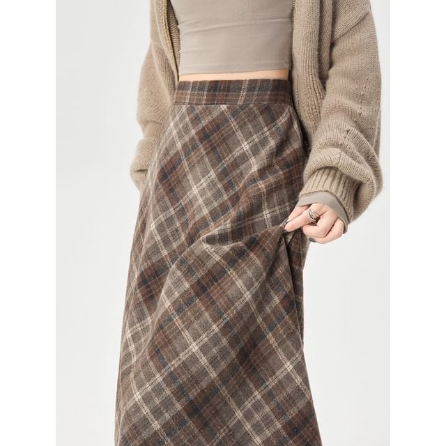 Plaid High Waist Midi A-Line Skirt