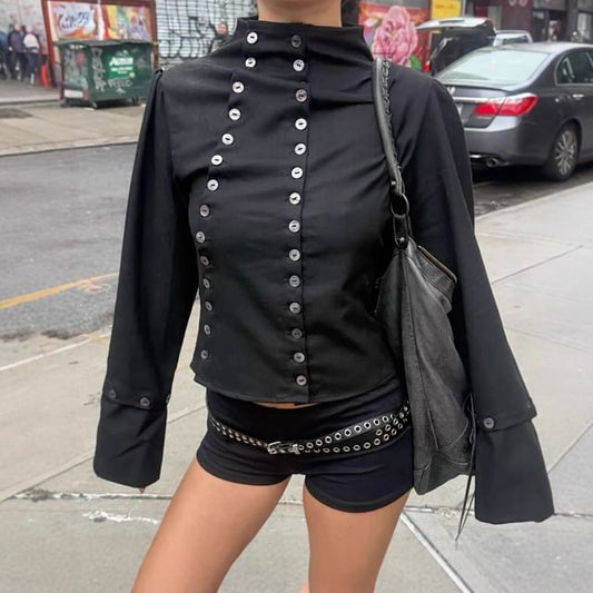 Double-Breasted Stand Collar Crop Blouse