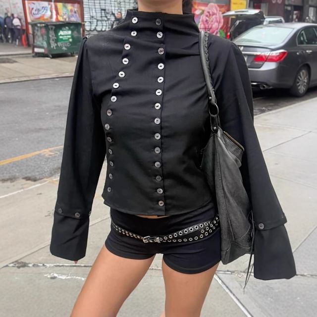 Double-Breasted Stand Collar Crop Blouse