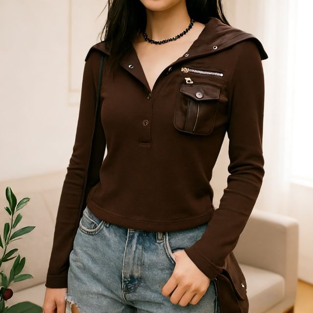 Slim Fit Half-Button Turtleneck Long Sleeve Tee
