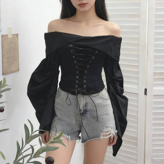 Off-Shoulder Ruched Lace-Up Crop Top Long Sleeve