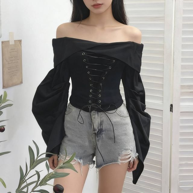 Ruched Lace-Up Off-Shoulder Crop Top