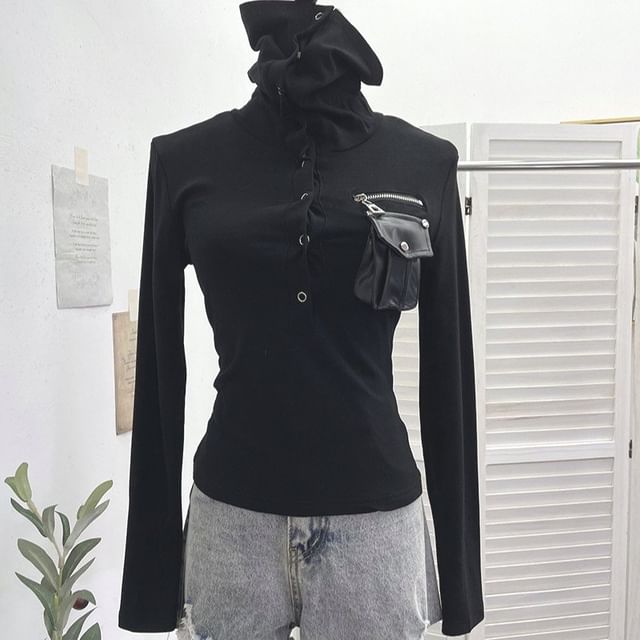Slim Fit Half-Button Turtleneck Long Sleeve Tee