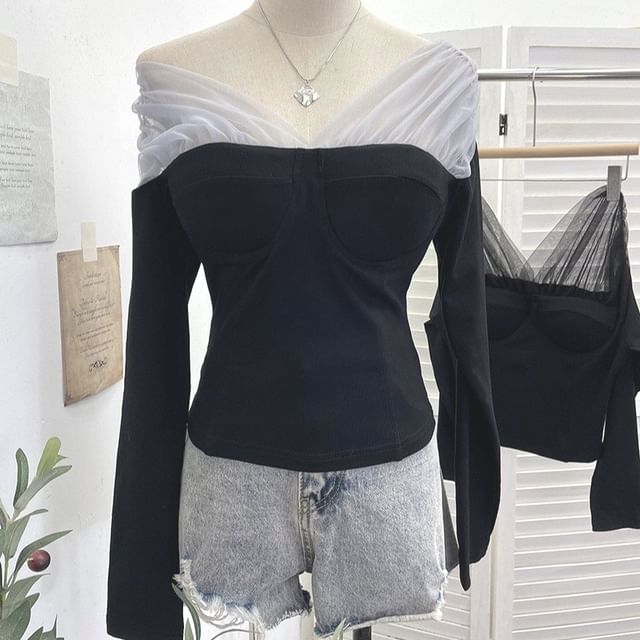 Mesh Panel V-Neck Two-Piece Crop Top