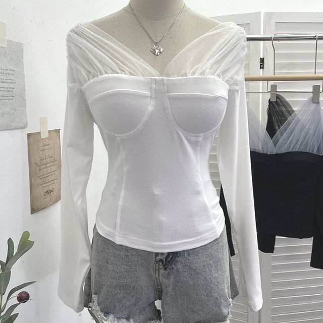 Mesh Panel V-Neck Two-Piece Crop Top
