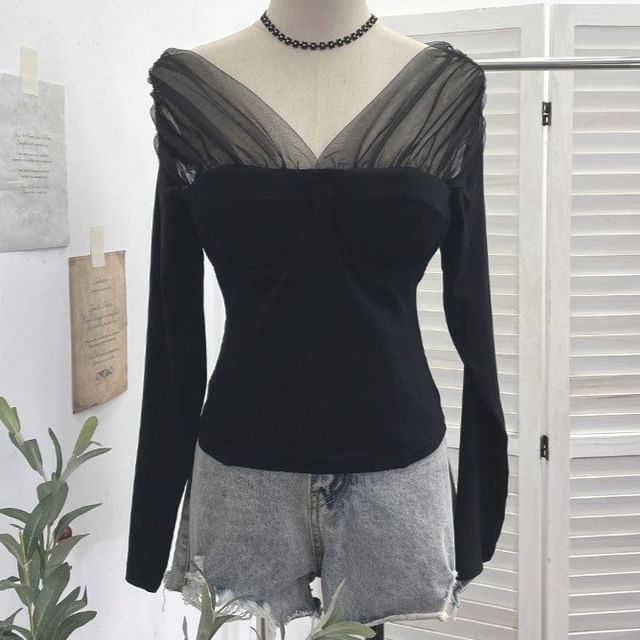 Mesh Panel V-Neck Two-Piece Crop Top