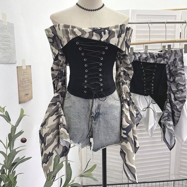 Ruched Lace-Up Off-Shoulder Crop Top
