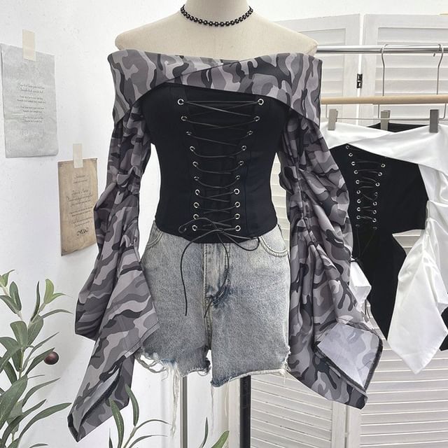 Ruched Lace-Up Off-Shoulder Crop Top