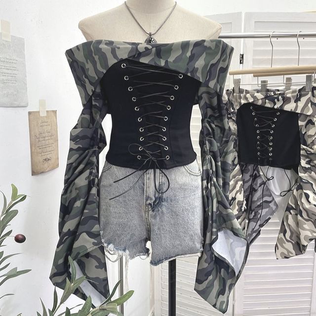 Ruched Lace-Up Off-Shoulder Crop Top