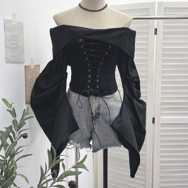 Ruched Lace-Up Off-Shoulder Crop Top