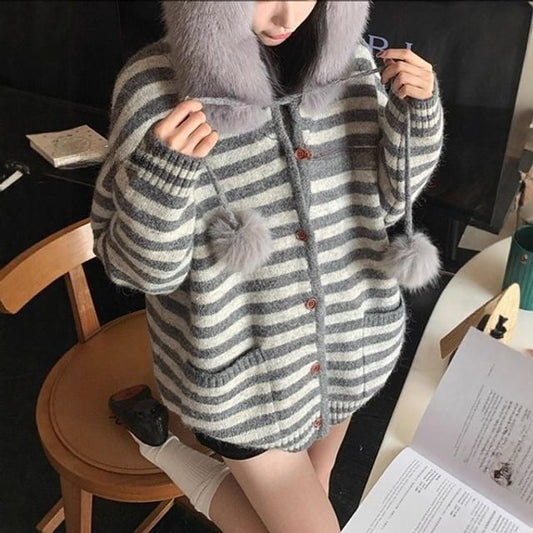 Striped Fluffy Trim Hood Cardigan