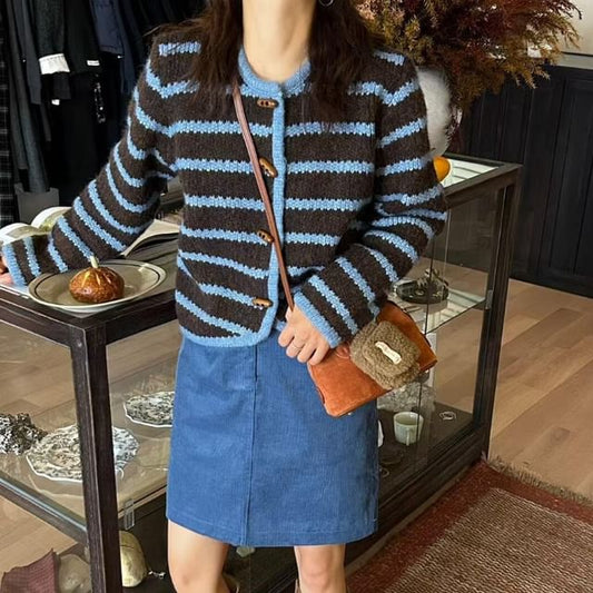 Round Neck Striped Toggle Cardigan