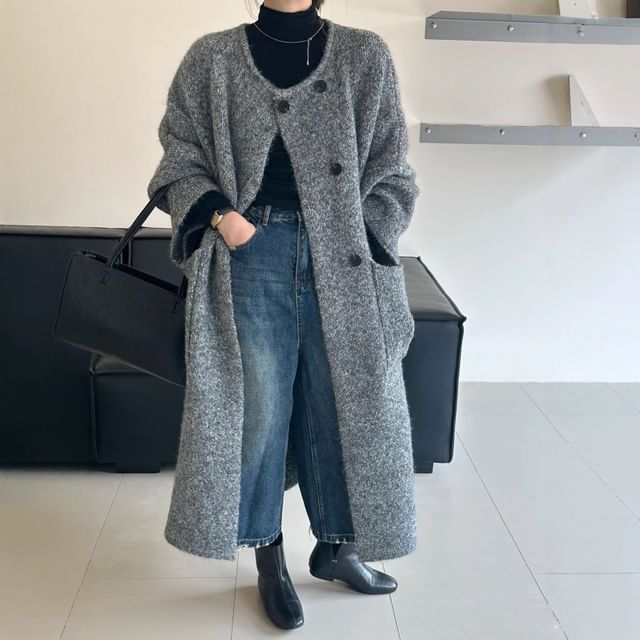 Round Neck Melange Maxi Double Breasted Cardigan