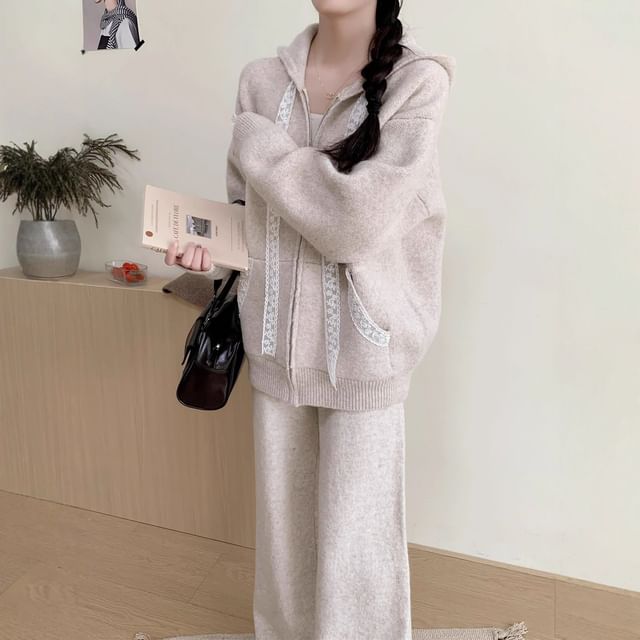Set: Hood Panel Lace Zip Cardigan + High Rise Plain Knit Wide Leg Pants