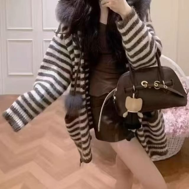Striped Fluffy Trim Hood Cardigan