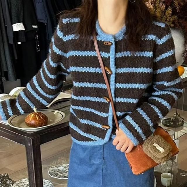 Round Neck Striped Toggle Cardigan