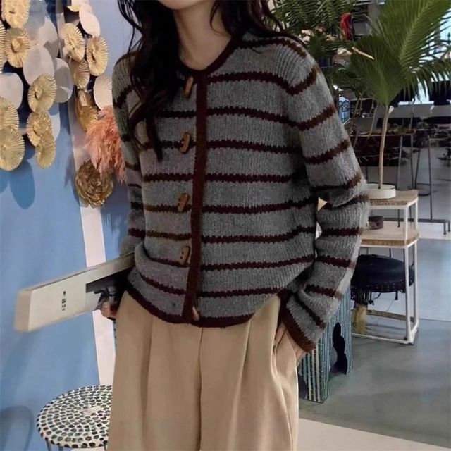 Round Neck Striped Toggle Cardigan