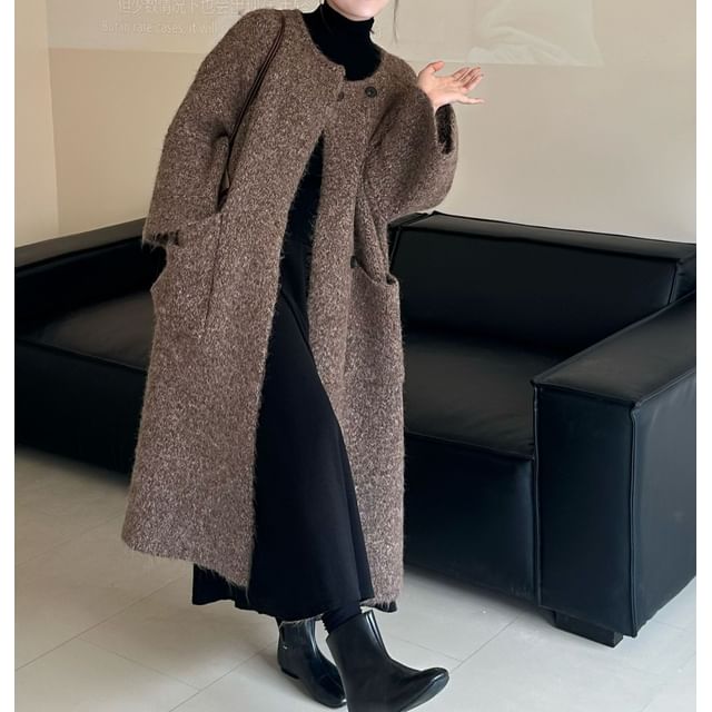 Round Neck Melange Maxi Double Breasted Cardigan