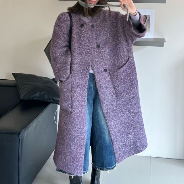 Round Neck Melange Maxi Double Breasted Cardigan