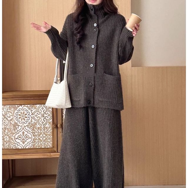 Set: Stand Collar Plain Ribbed Cardigan + High Waist Knit Wide Leg Pants