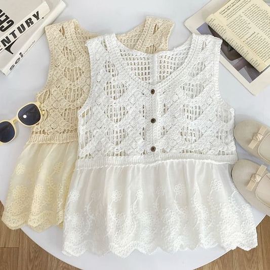 Sleeveless V-Neck Crochet Lace Trim Top
