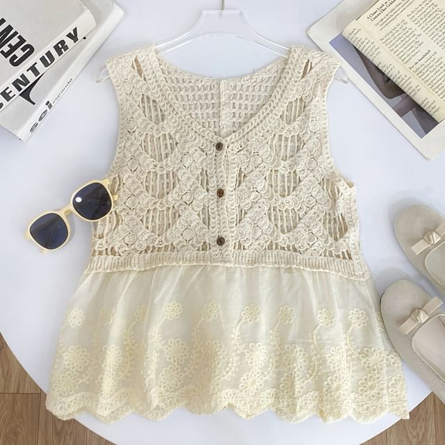 Sleeveless V-Neck Crochet Lace Trim Top
