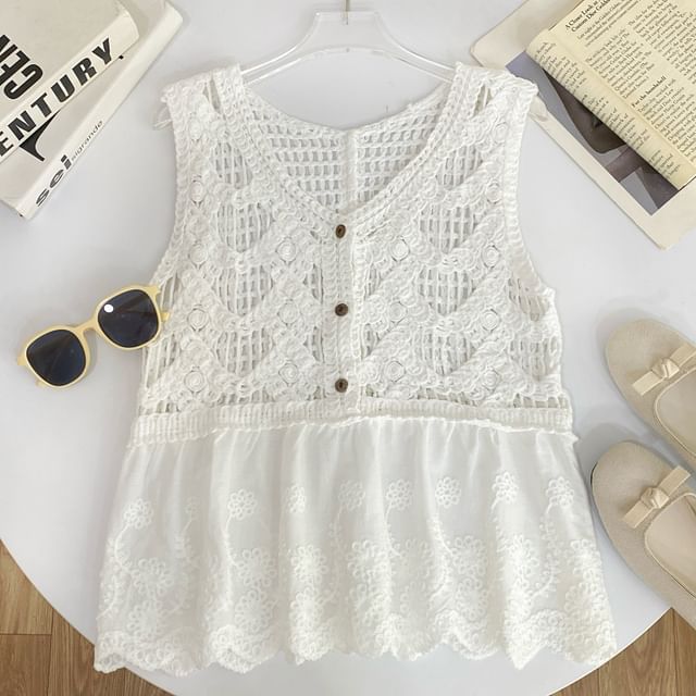 Sleeveless V-Neck Crochet Lace Trim Top