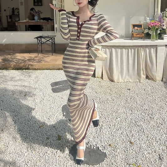 Long-Sleeve Crew Neck Striped Contrast Trim Maxi Sheath Knit Dress
