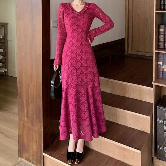 Long-Sleeve V-Neck Frill Trim Lace Maxi Mermaid Dress