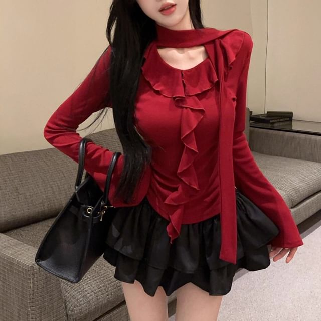 Ruffled Crop Top with Long Sleeves