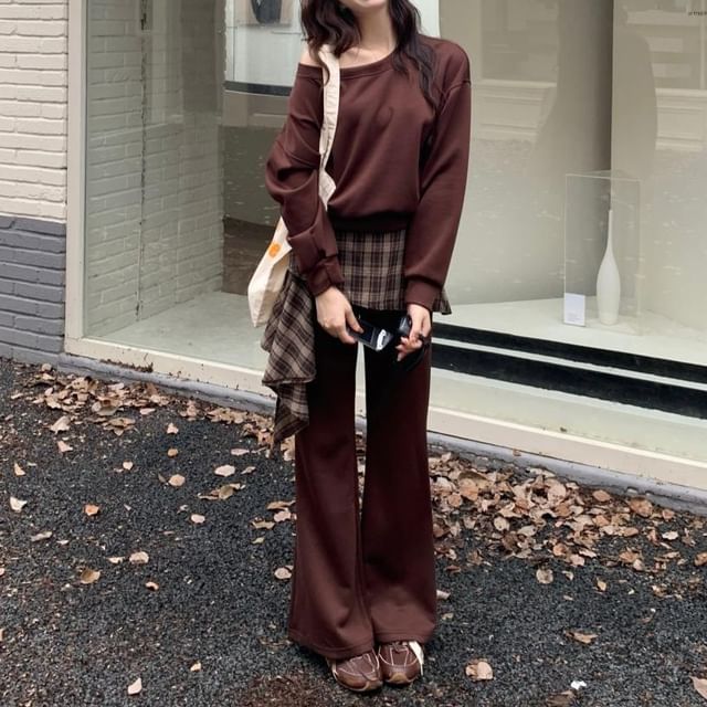 Off Shoulder Sweatshirt and Plaid Skirt Pants Set