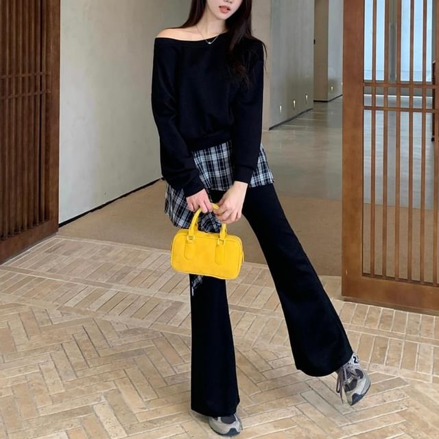 Off Shoulder Sweatshirt and Plaid Skirt Pants Set