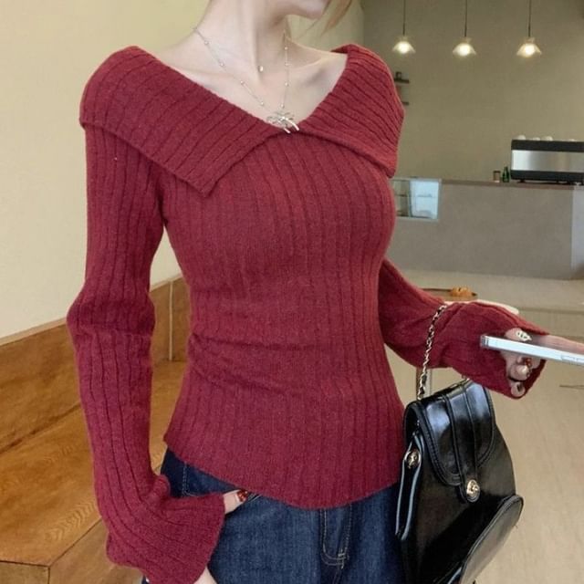 V-Neck Knit Top Long Sleeve