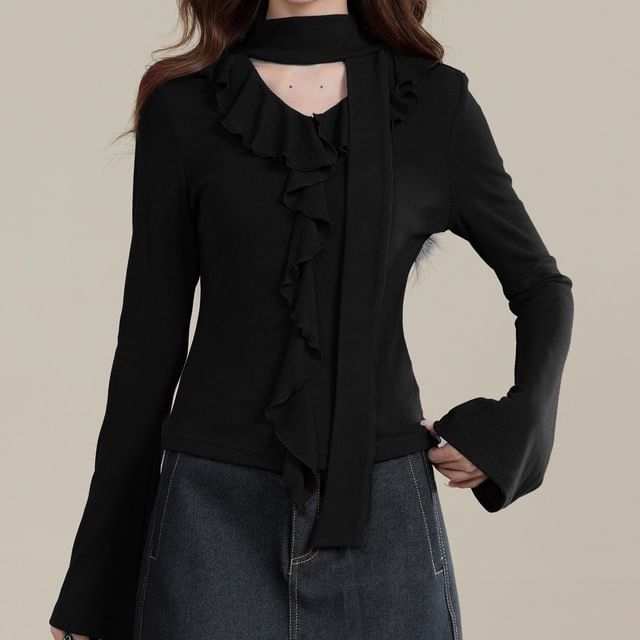 Ruffled Crop Top with Long Sleeves