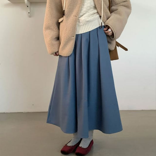 Pleated Midi A-Line Skirt High Waist