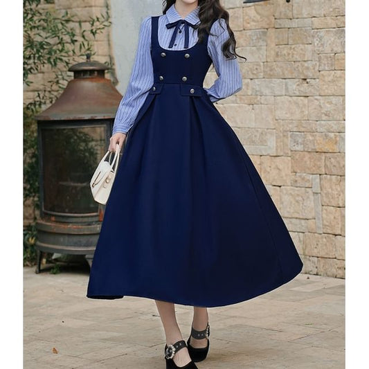 Mock Two-Piece Long-Sleeve Striped Maxi A-Line Dress