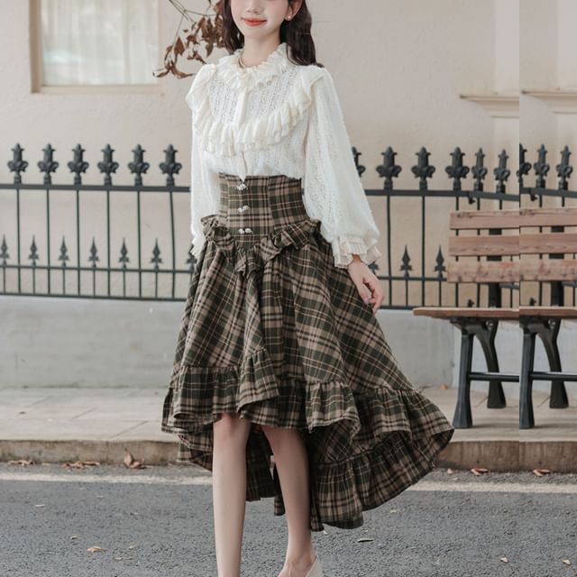 Frill Blouse with Plaid A-Line Skirt Set