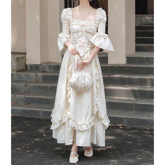 Flare-Sleeve Square Neck Frill Trim Maxi A-Line Dress / Corset / Set