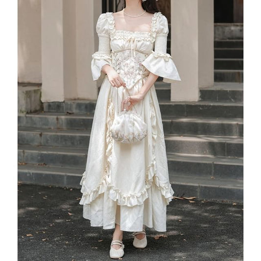 Flare-Sleeve Square Neck Frill Trim Maxi A-Line Dress / Corset / Set