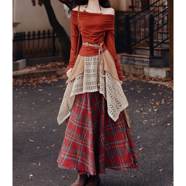 Halter Neck Top with Plaid Maxi Skirt and Belt Set