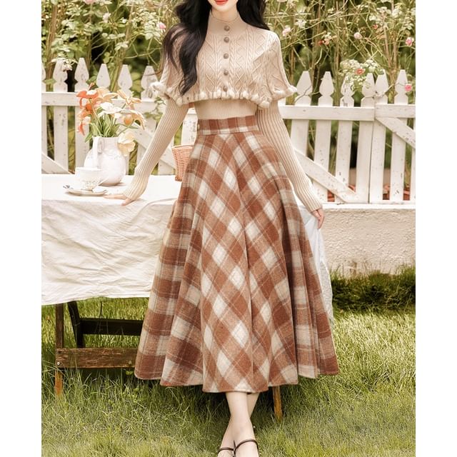Mock Neck Knit Top with Plaid Maxi Skirt Set