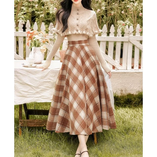 Mock Neck Knit Top with Plaid Maxi Skirt Set