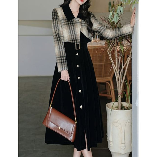 Mock Two-Piece Long-Sleeve Collared Plaid Maxi A-Line Dress