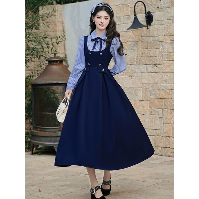 Mock Two-Piece Long-Sleeve Striped Maxi A-Line Dress