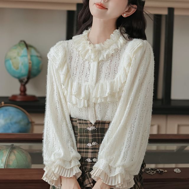 Frill Blouse with Plaid A-Line Skirt Set